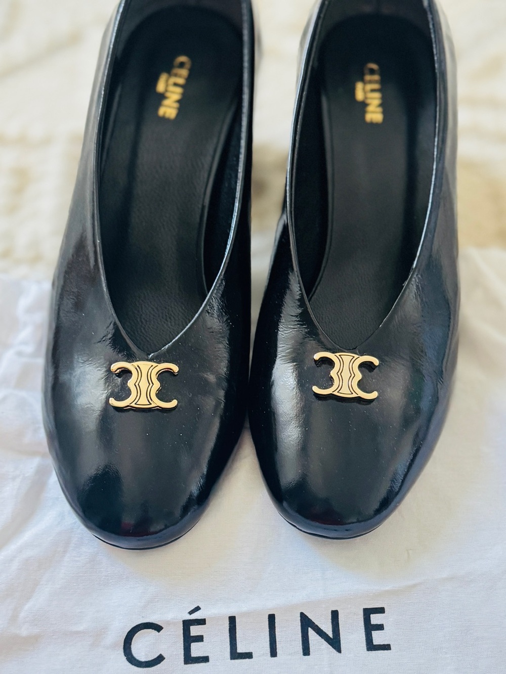 Celine Black Patent Leather Pumps with Gold Double C Logo - Picture 2 of 12